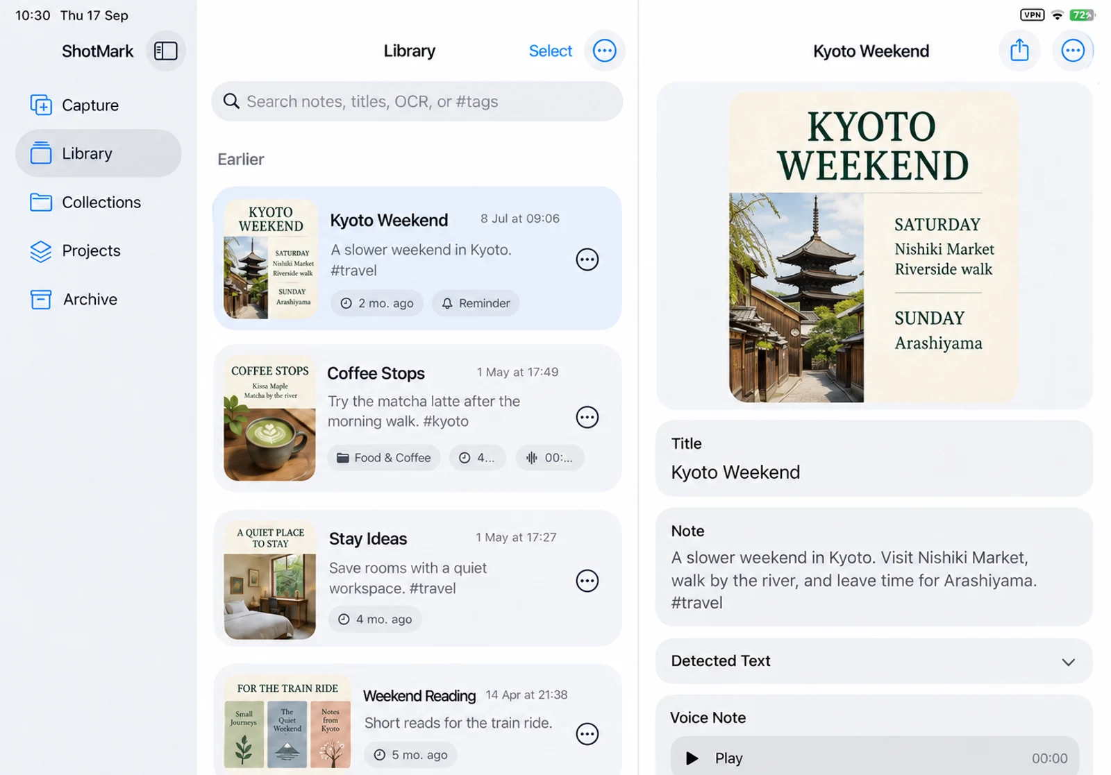 ShotMark iPad in light appearance, with Kyoto Weekend selected and its screenshot, title, and note visible in the detail pane.