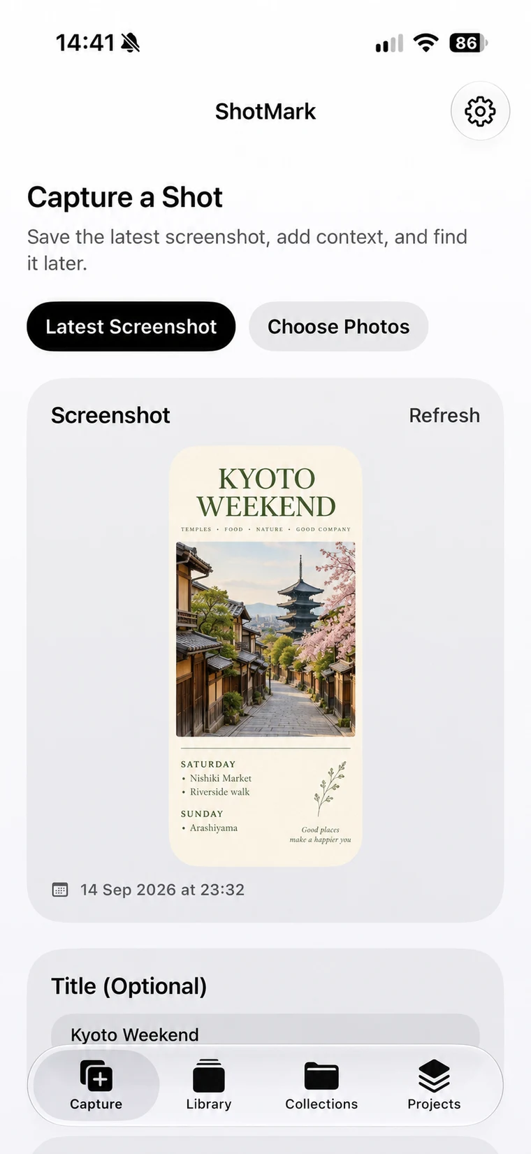 ShotMark Capture view with a fictional Kyoto travel screenshot, title, note, and reminder options.