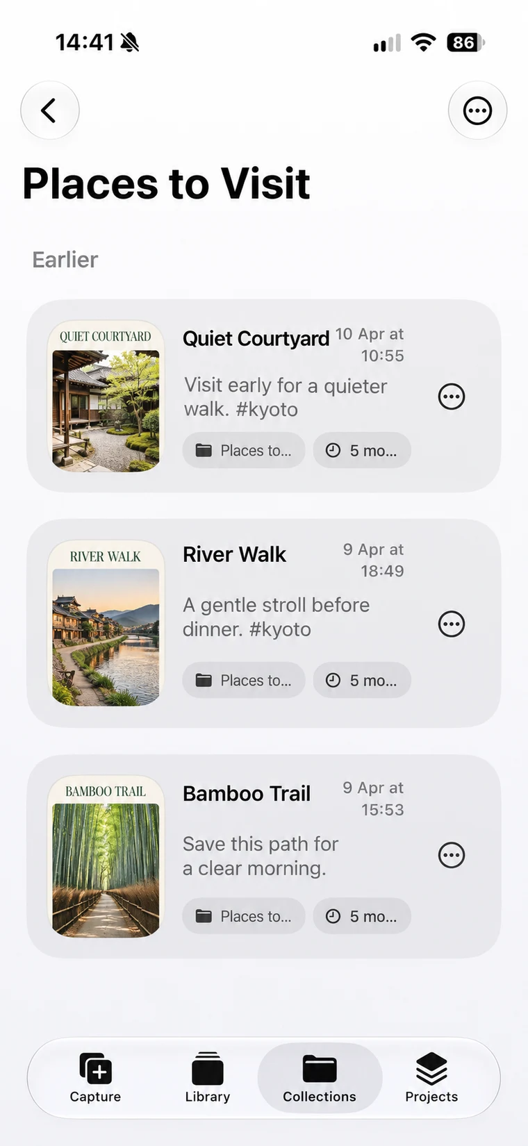 Places to Visit Collection with fictional Kyoto screenshots and short notes.