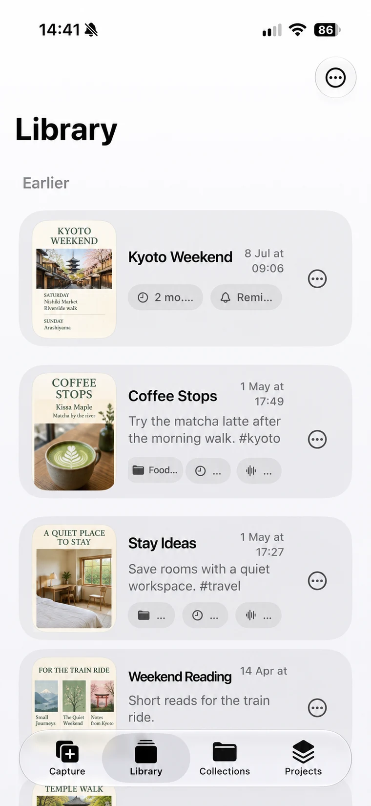 ShotMark Library showing saved travel screenshots with titles and notes.