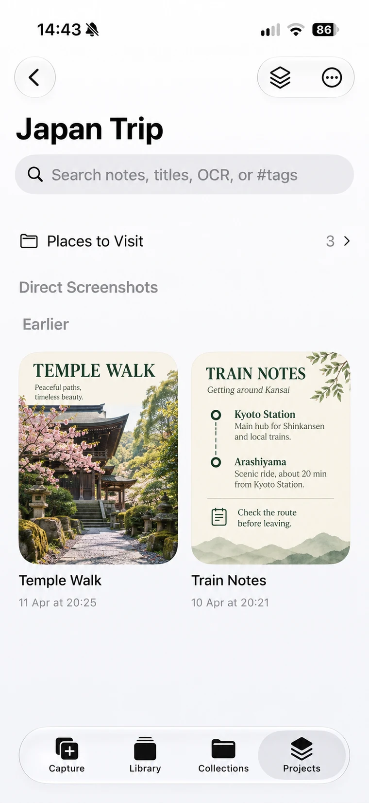 ShotMark Projects with a fictional Japan Trip plan and related travel cards.
