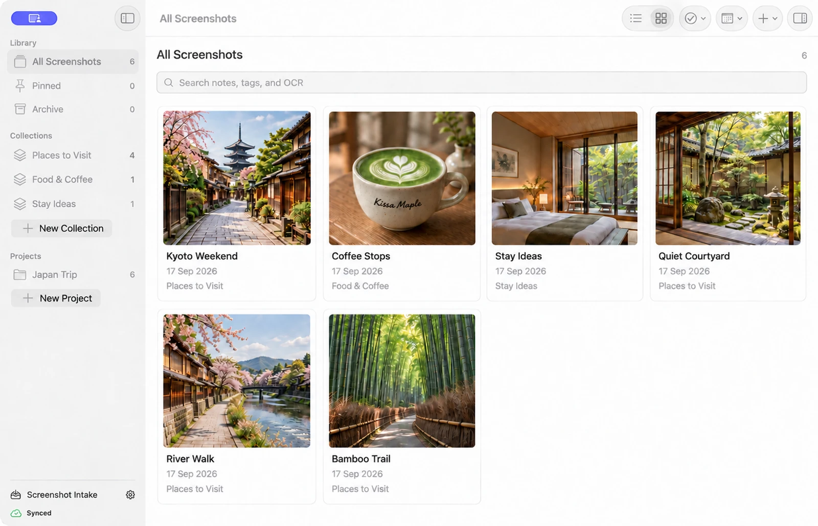 ShotMark Mac app preview with a fictional Kyoto travel library, native sidebar, search, and screenshot grid.